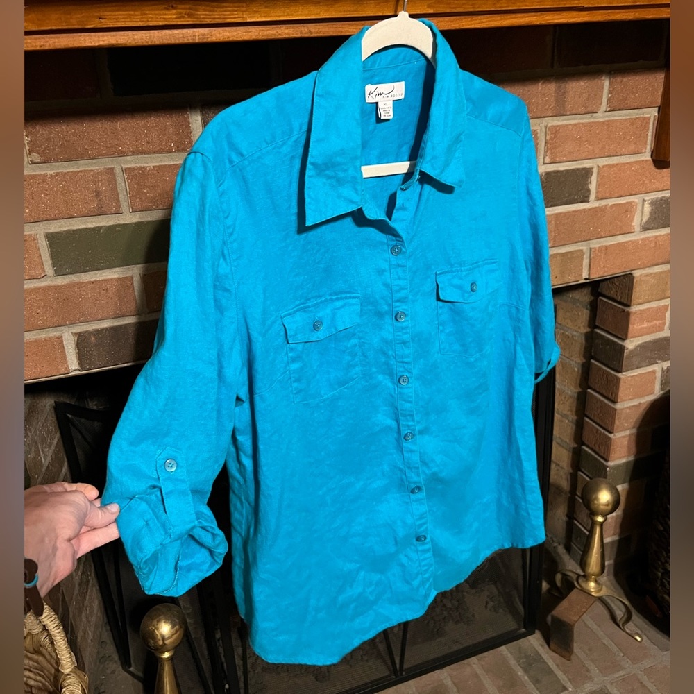 XL Rafaella 100% Linen Turquoise Blue Casual Button Up Shirt